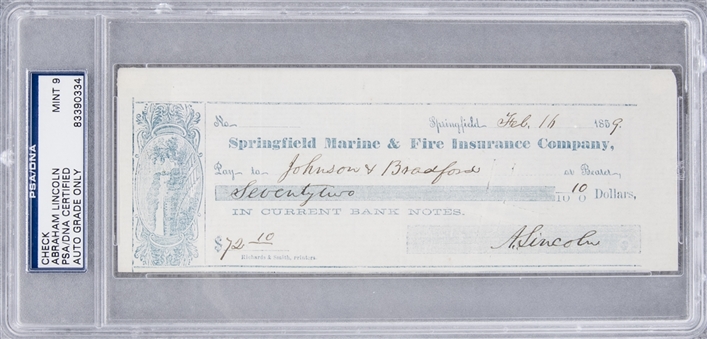 1859 Abraham Lincoln Signed Check (PSA/DNA MINT 9)